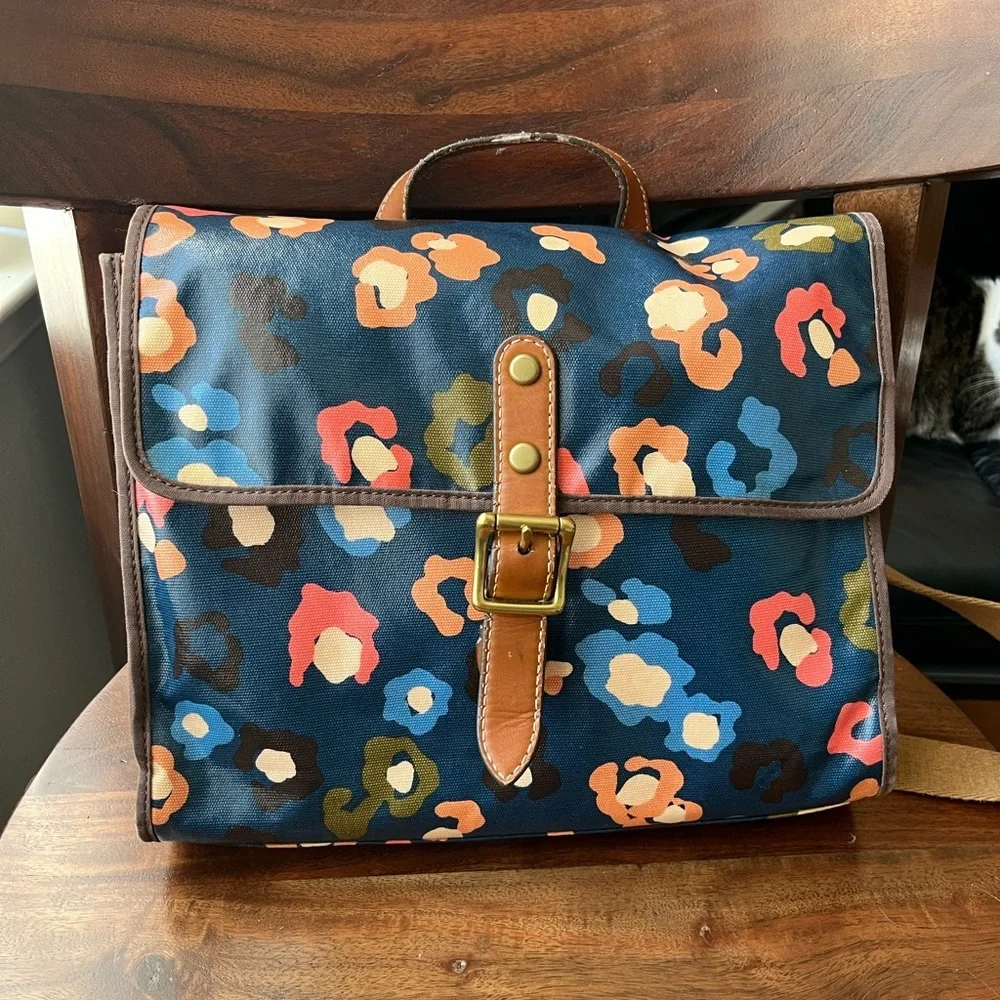 Fossil Navy Blue Floral Print Coated Canvas Crossbody Laptop Tote Bag